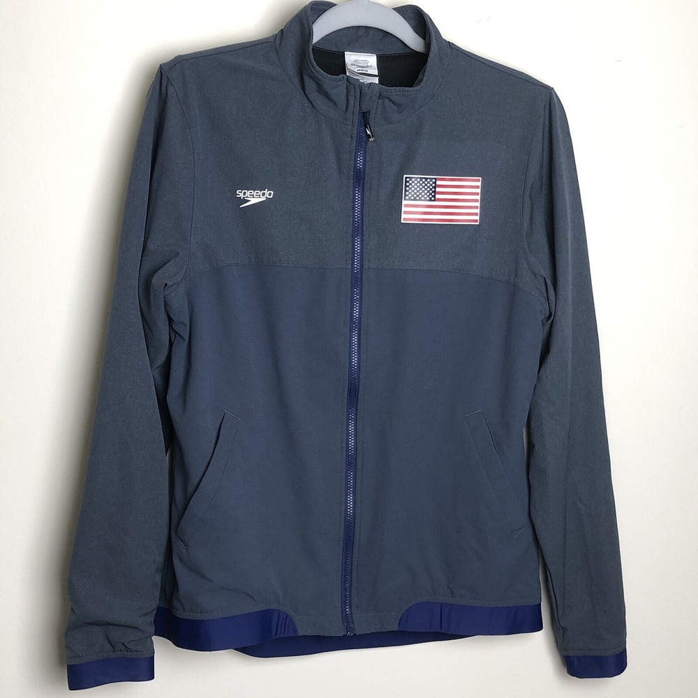 Speedo USA Long Sleeve Zip Up Polyester Gray Navy Blue Track Jacket Sz Medium